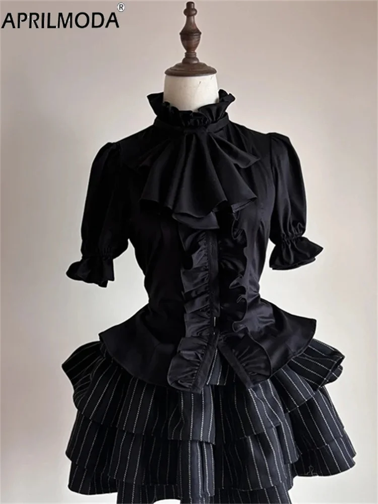 نفخة الأكمام اليابانية الفيكتوري القوطية لوليتا قمصان Y2k الجمالية الكشكشة القوس سليم بلوزة بلايز المرأة خمر أنيقة JK Blusas