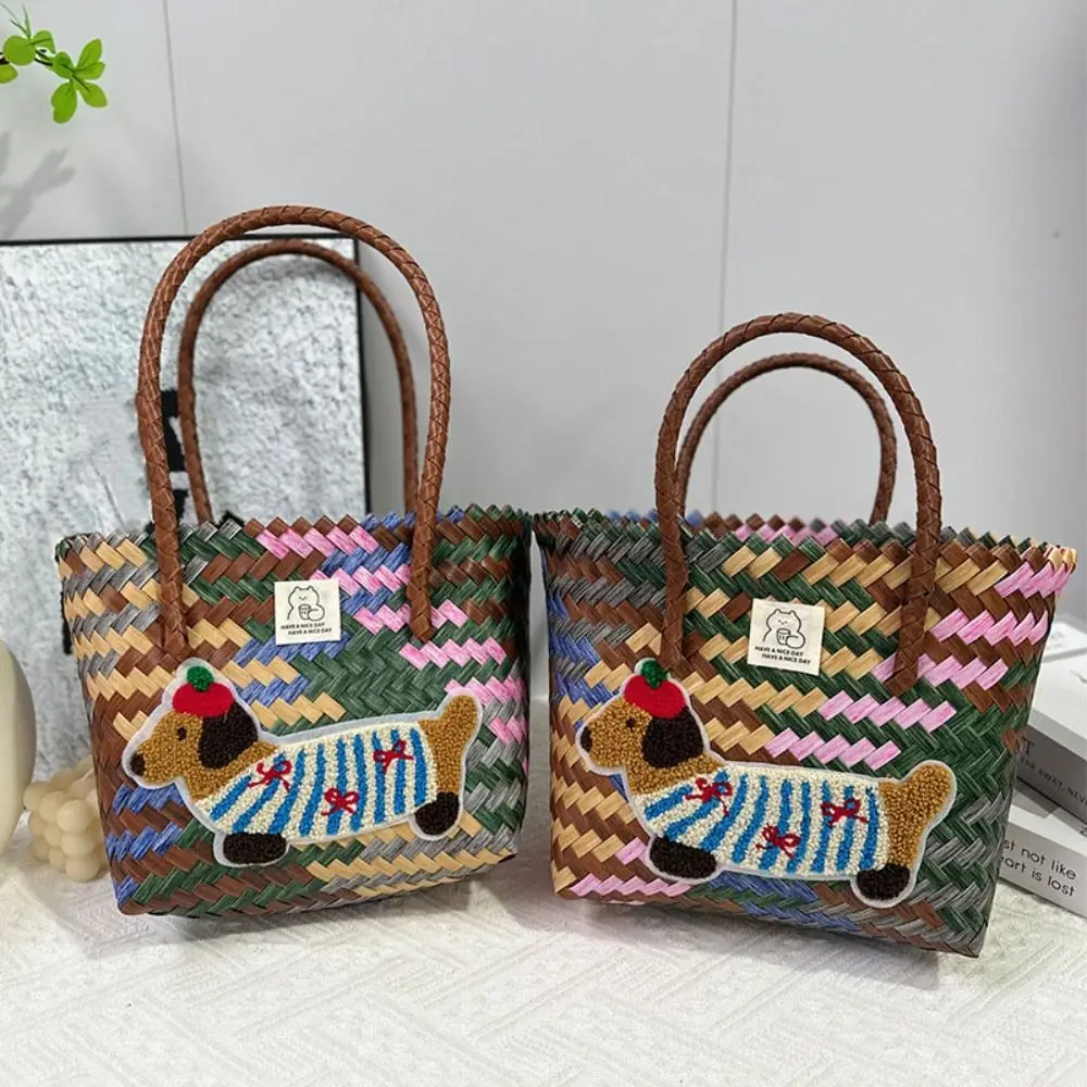 Cute Sausage Dog Woven Handbags Large Capacity Bamboo Handle Weaving Basket Casual Shopping Tote Bags Vacation Beach Bag