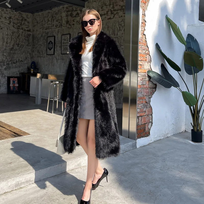 Women Imitation Mix Fox Faux Long Sleeve long coat Loose high street Thick 2023 Autumn Slim Fit elegant long jacket