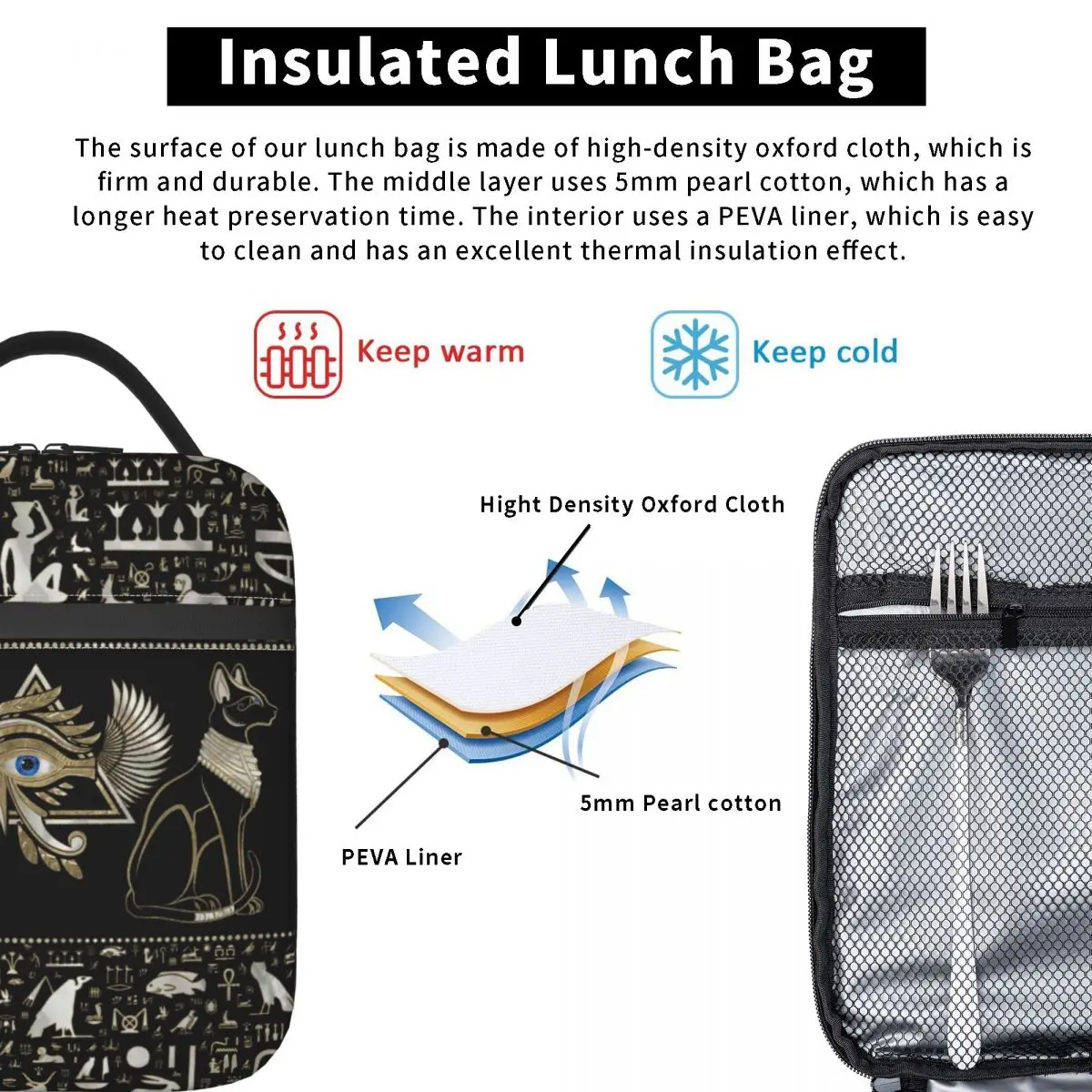 Egyptian Cats Portable Lunch Boxes Multifunction Ancient Egypt Eye of Horus Thermal Cooler Food Insulated Lunch Bag Office Work