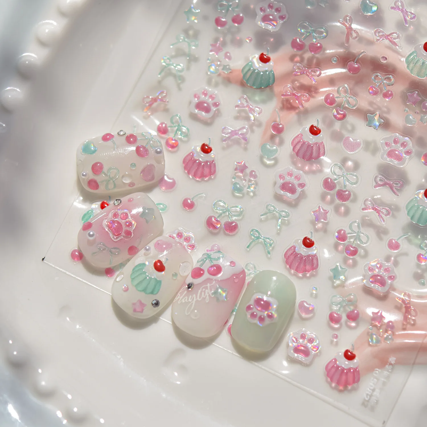 1 Stück 5D Jelly Nagelaufkleber Dessert Frucht Kirsche Rosa Pfotenabdruck Schleife Liebe Nagelkunst Aufkleber Selbstklebende Maniküre-Abziehbilder DIY