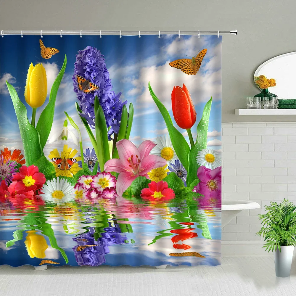 Tulip Pink Flower Shower Curtains Beautiful Flowers Plant Waterproof Cloth Curtain Set Bathroom Home Decor Bath Screens Washable