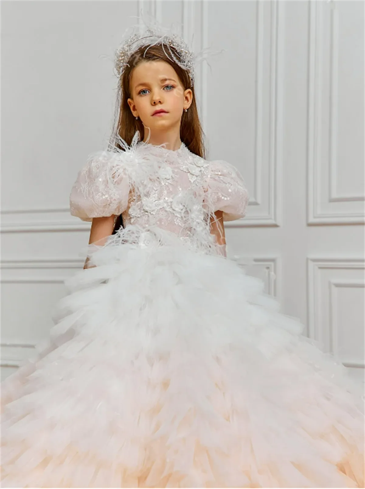 EVLAST Pink Flower Girl Dress Layered Tulle Applique Lace per matrimoni primo compleanno eucaristico per bambini vestito da comunione TFD050