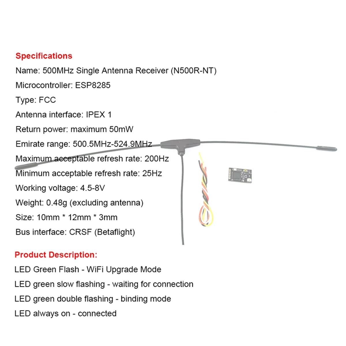 

Новый приемник 3C-500 МГц 500,5–524,9 МГц с антенной Т-образного типа ESP8285, мощность телеметрии 50 мВт для гоночного дрона RC FPV