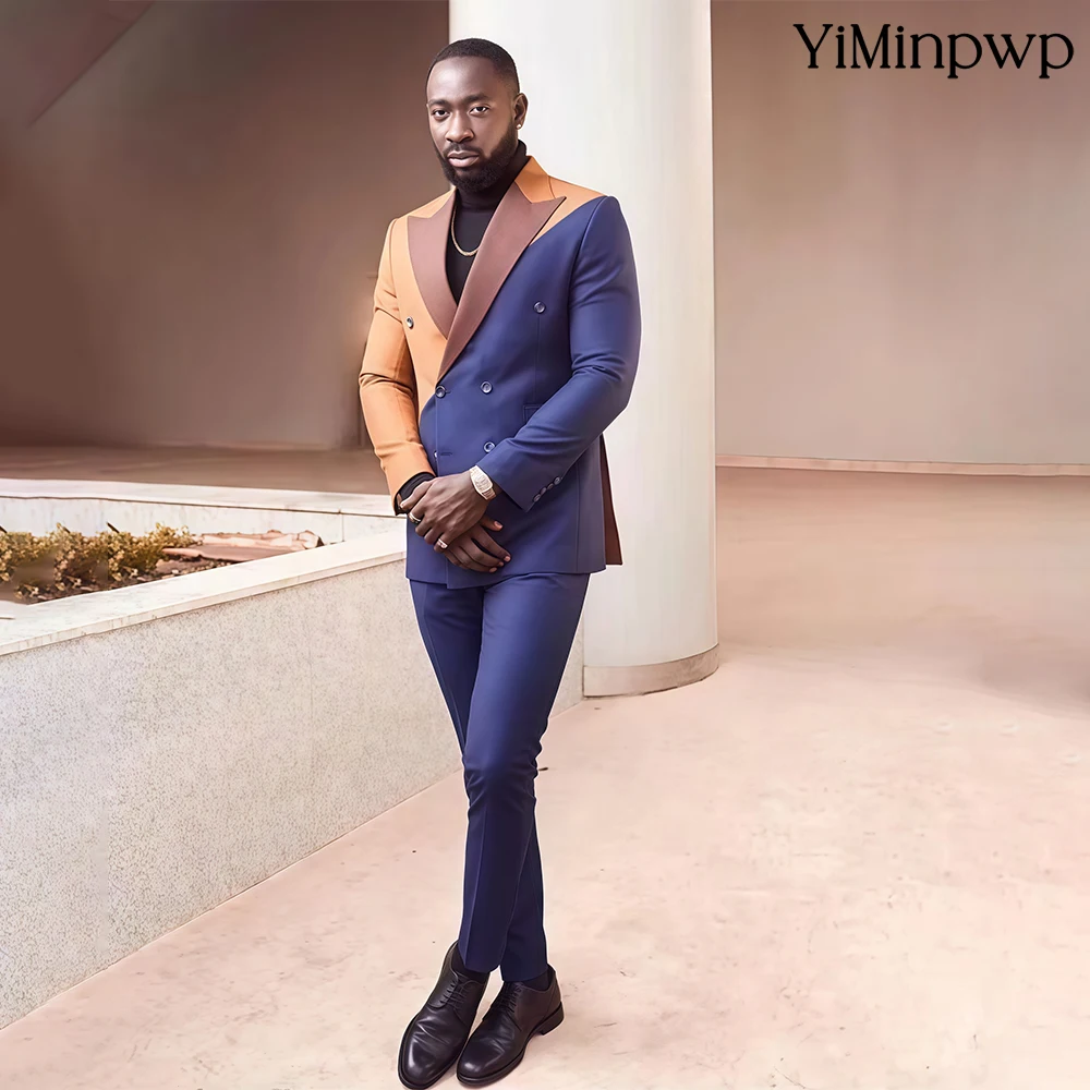 

YiMinpwp Blue & Brown Color Men's Suit 2 Pieces Notched Lapel Satin Wedding Blazer Groomsmen Suit Set Tailored Bridal Party Suit