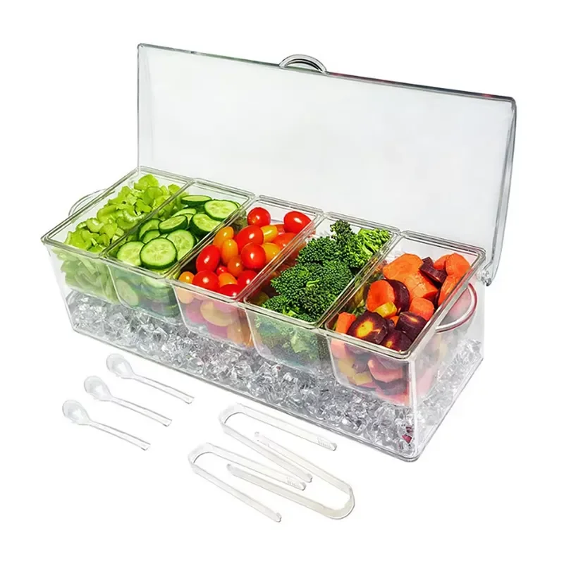 Chilled 5 Grid Condiment Tray Container with 5 Removable Plates and Hinged Lid for Kitchen Storage Serving Dish