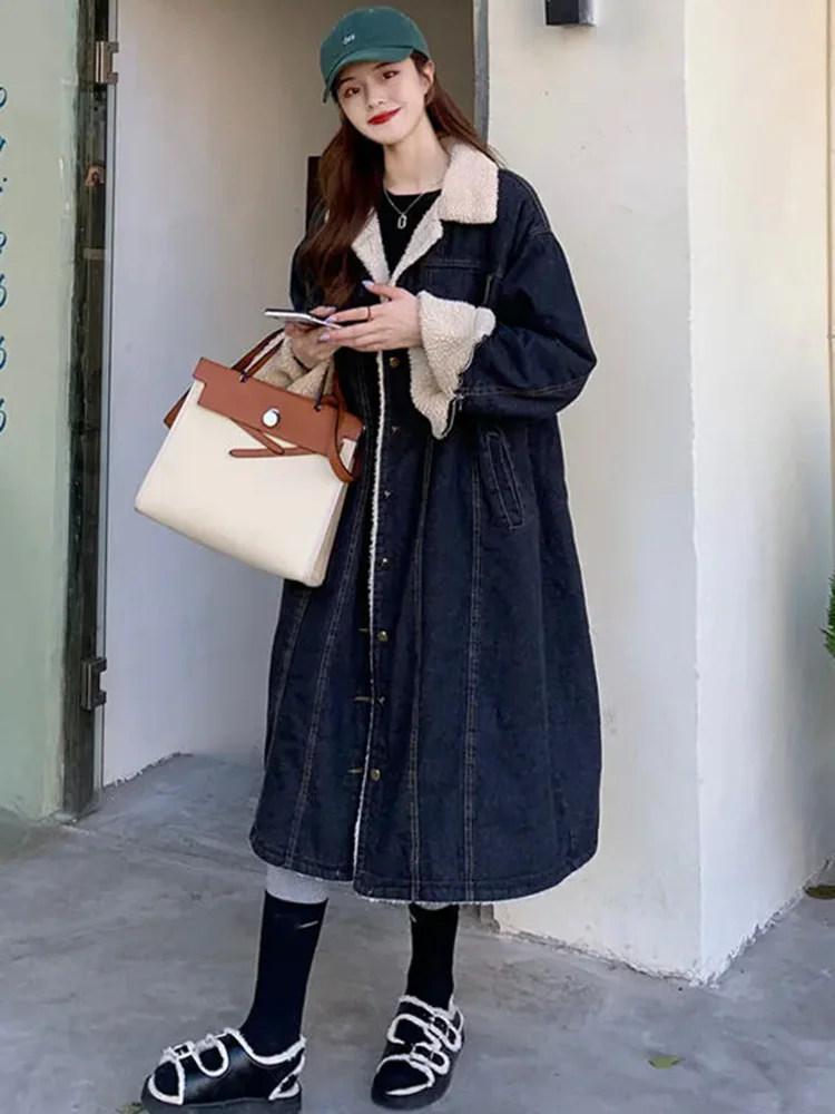 Winter Warm Thicken Lapel Neck Denim Jackets Korean Design Lamb Wool Lined Long Cowboy Abrigos Women Loose Single Breasted Coats - Image 5
