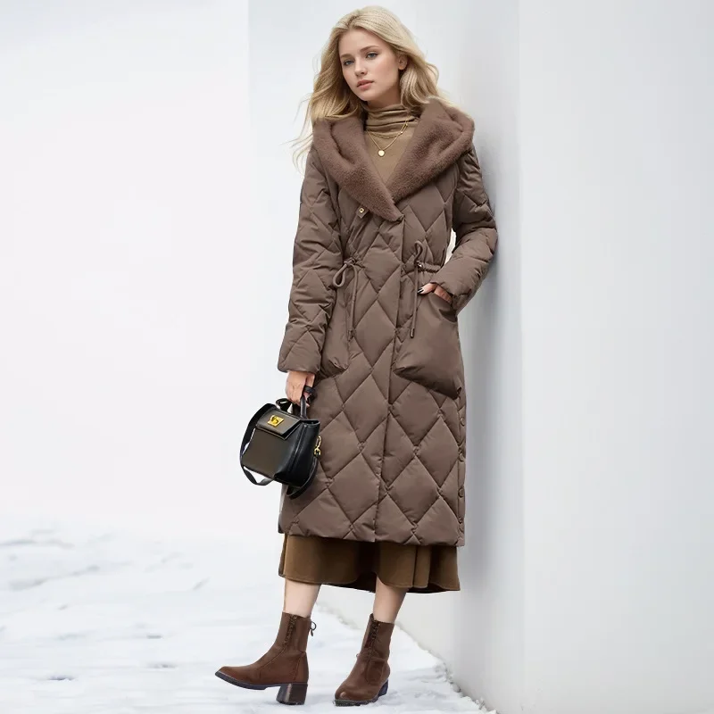 2025 Winter Women's New Cotton Jacket Female Fur Hooded Knee Length Thickened Warm Plush Collar Drawstring Waist Parkas Coats