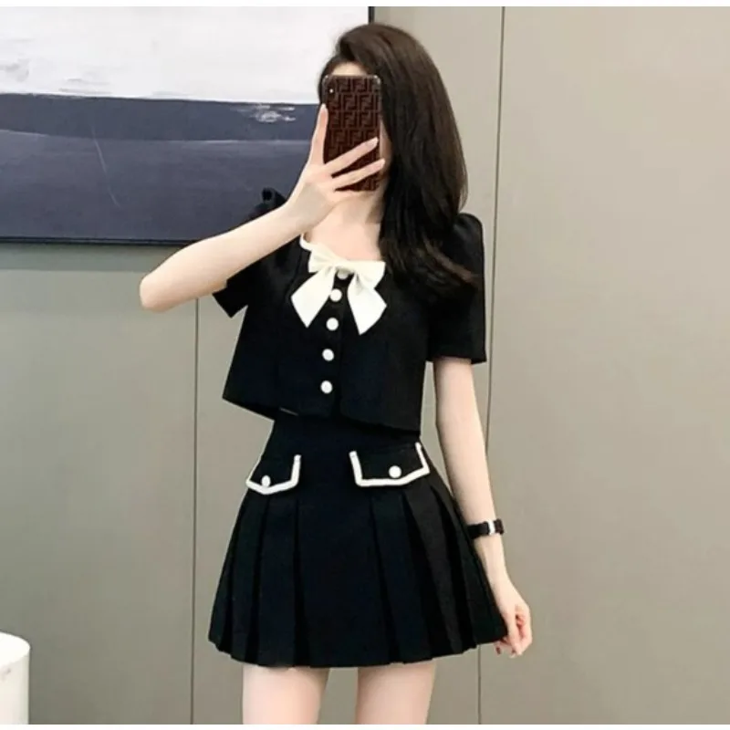 Verão novo sentido avançado do temperamento manga bolha superior saia de cintura alta feminino pequena fragrância vento dois conjuntos saia feminina