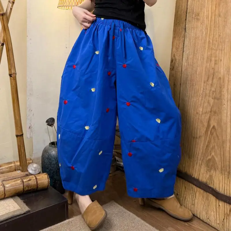 New Summer Arts Style Women Elastic Waist Cotton Wide Leg Pants Fruit Embroidery Loose Casual Ankle-length Pants Good Quality