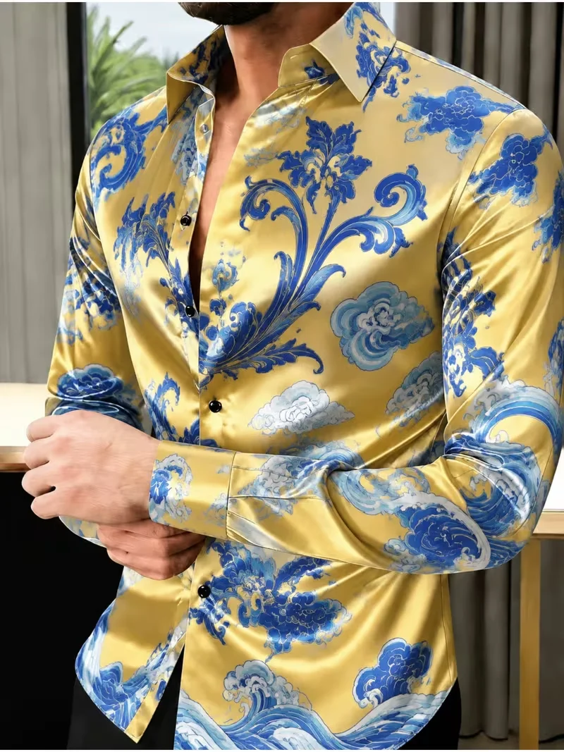 New black gradient geometric line printed shirt, simple business trend, men's slim fit long sleeved shirt clothing