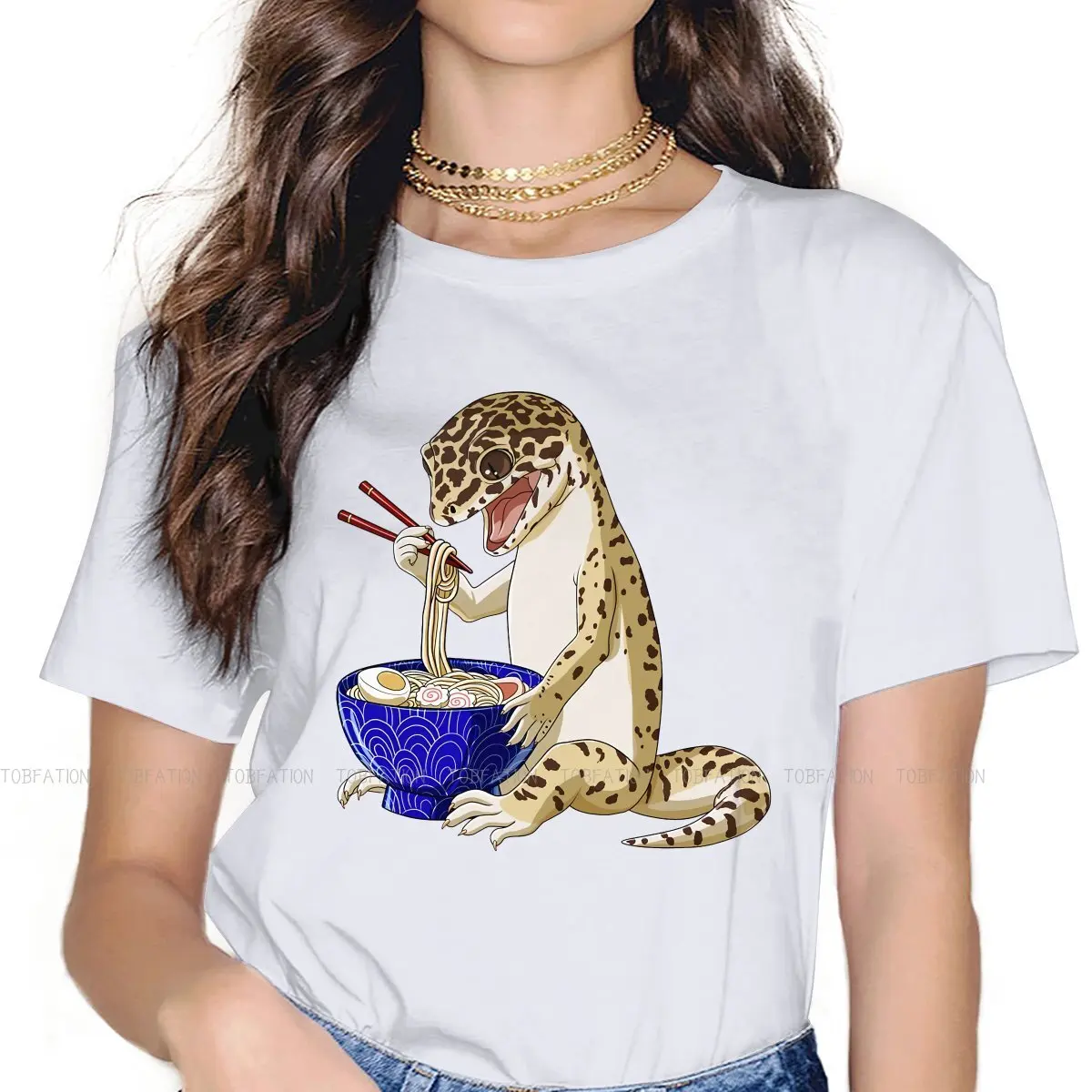 Leopard Eats Japanese Ramen Noodles Women TShirt Gecko Lover Girls Graphic Tees O-neck Female T Shirt 4XL Funny Hipster Gift