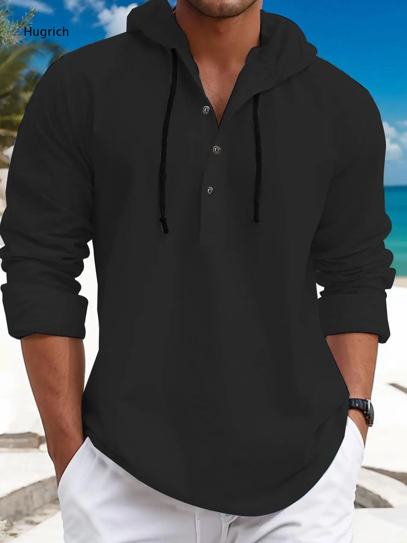 Men White Linen Blend Hooded Henley Shirt Black Drawstring Half Button Long Sleeve Beach Casual Top