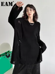 [EAM] Black Big Size Holes Knitting Sweater Round Neck Long Sleeve Women Pullovers New Fashion Tide Spring Autumn 2024 1DH7977