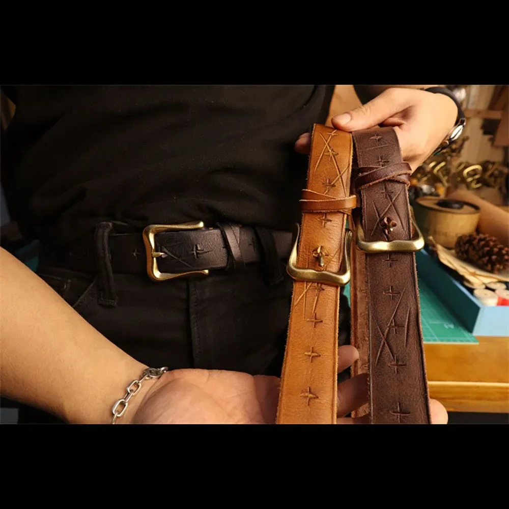 Handmade Retro 3cm Width Cowhide Genuine Leather Belt with Distressed Edge Brass Buckle for Men and Women