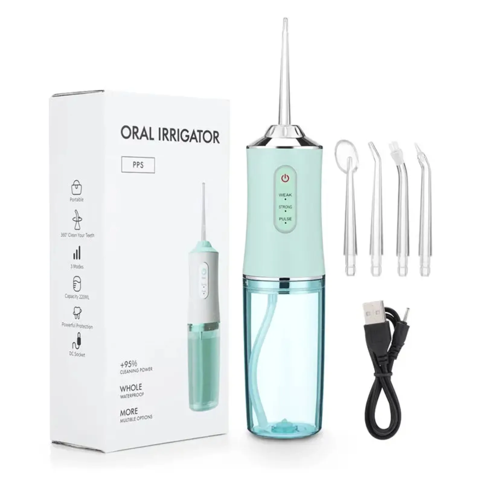 Idropulsore portatile per irrigatore orale, stuzzicadenti a getto d'acqua ricaricabile tramite USB + 4 punte a getto 3 modalità Detergente per denti impermeabile