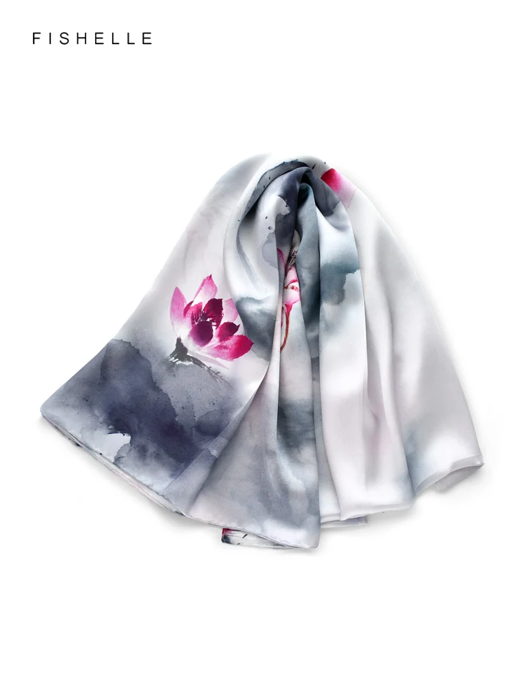 Ink wash painting lotus 100% natural silk long scarf bandana hijab shawl luxury gift head scarves women wrap neckerchief