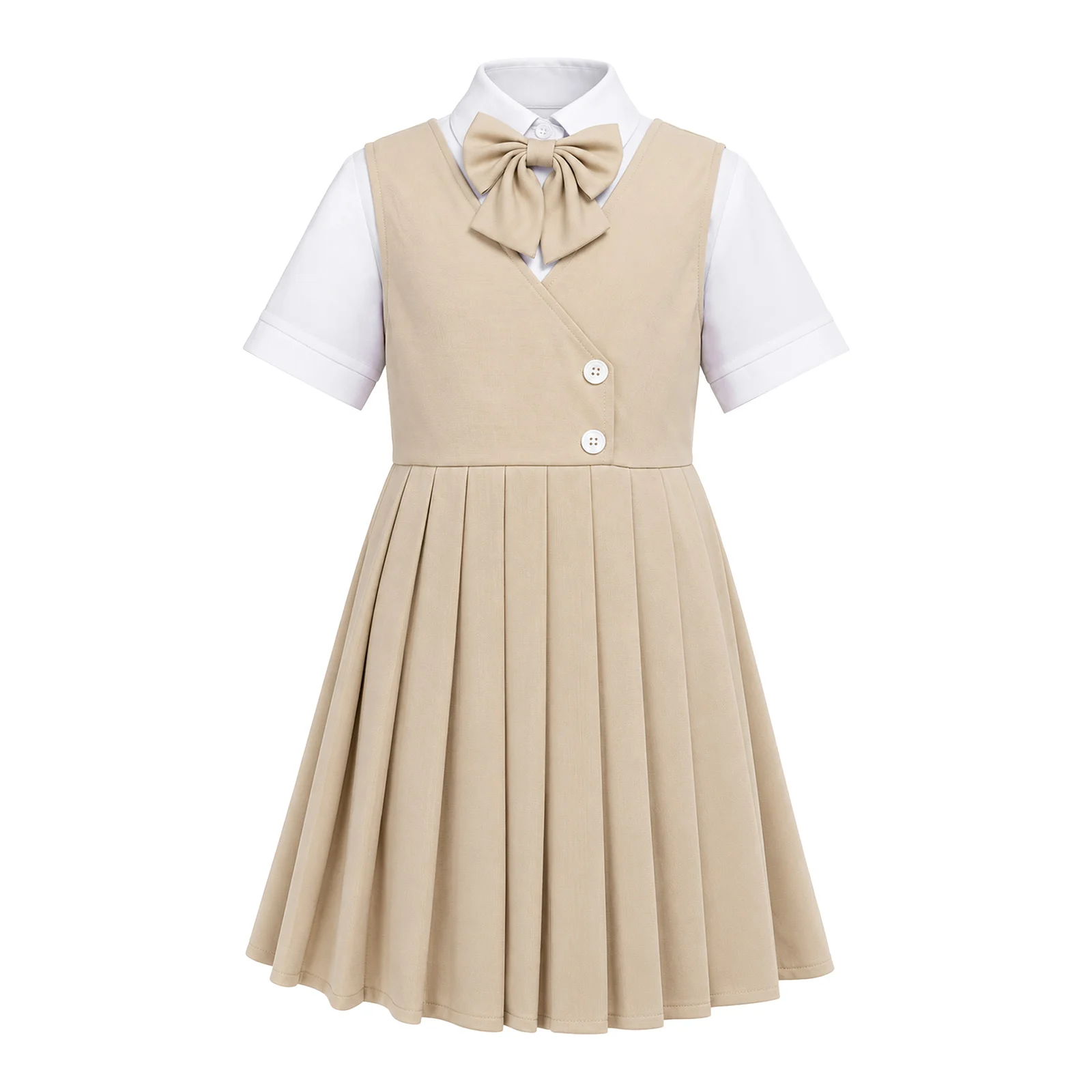 Kid Girls School Uniform Pleated Jumper Dress Bowtie Short Sleeve Button Shirt with Zipper Tank Dress for Recitation Performance