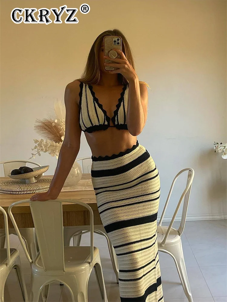 Ladies Summer 2 Piece Skirt Set Women Sleeveless Backless Crop Top Maxi Dress Matching Sets Evening Party Clubwear Female Outfit