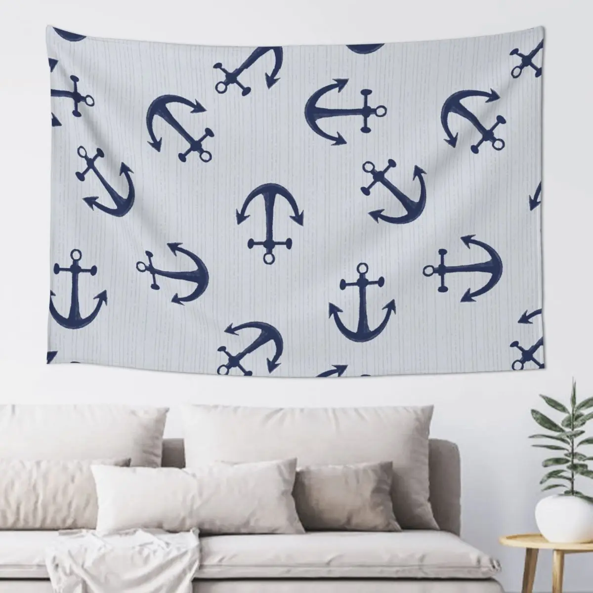Maritime Pattern Of Blue Anchors On Light Gray Tapestry Art Wall Hanging Aesthetic Home Decoration Tapestries for Dorm Room