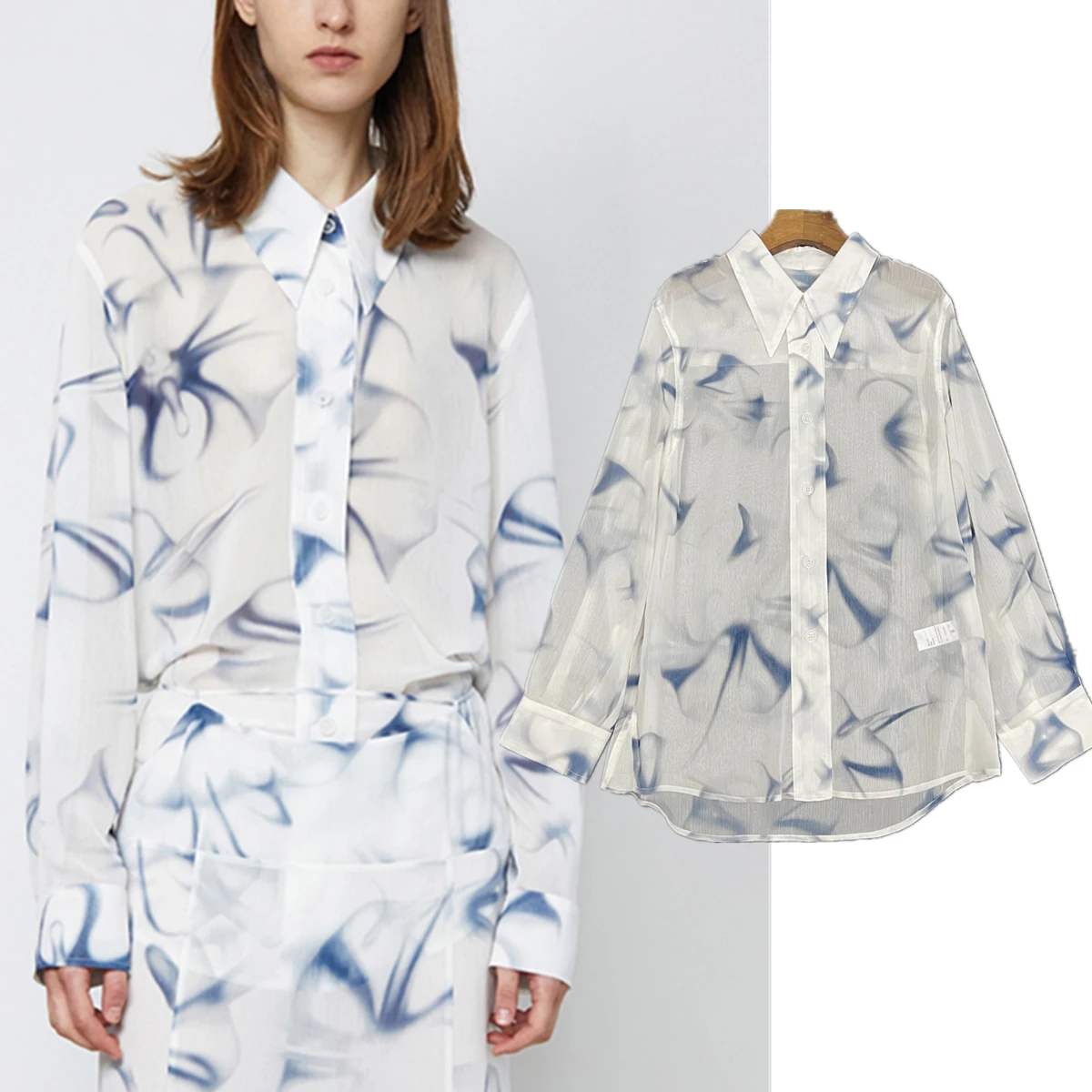 

Jenny&Dave French Fashion Ladies Translucent Chiffon Shirt Commuter Casual Tops Elegant Vintage Printing Summer Shirt Women