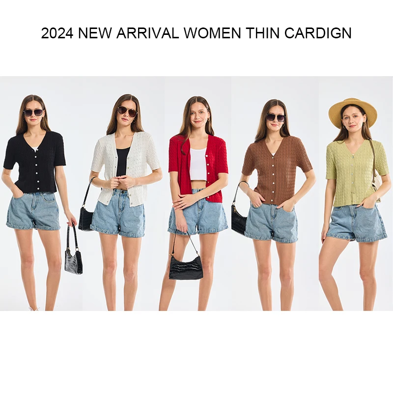 Summer Thin Cardigan for Women Solid Cropped Cardigans Button V Neck Short Sleeve Knitted Tops Brown Slim Sweater Spring 2024