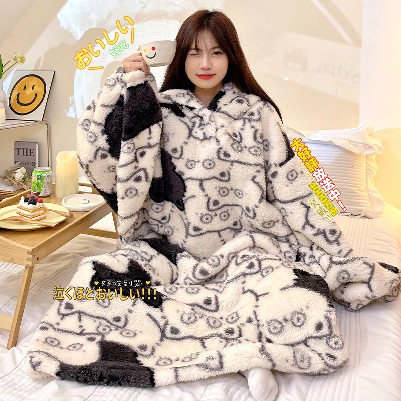 Winter Women Pajamas Night Dress Women's Cartoon  Pig Print Loose Nightshirt Femme Homewear Long Sleeve Hooded Night-robe