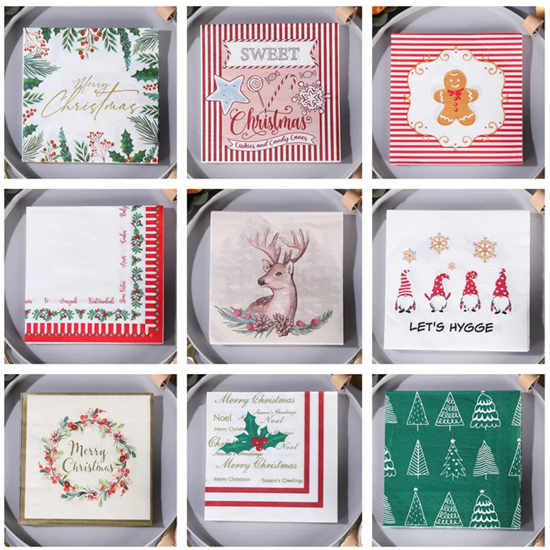 

20Pcs/pack Christmas Series Printed Disposable Table Dinner Napkin Paper New Year Xmas Party Decoration