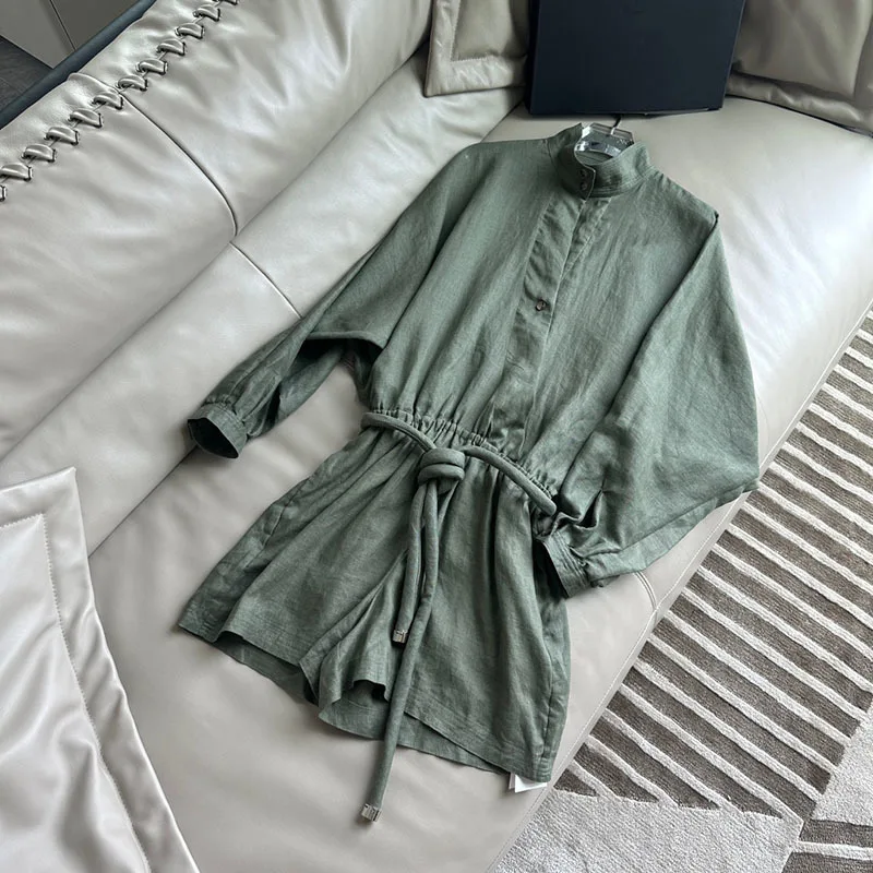 

Women's Casual Solid Lace-up Cotton Linen Jumpsuit Fashion Stand Collar Long Sleeve High Waist Wide-leg Shorts New Clothing 24