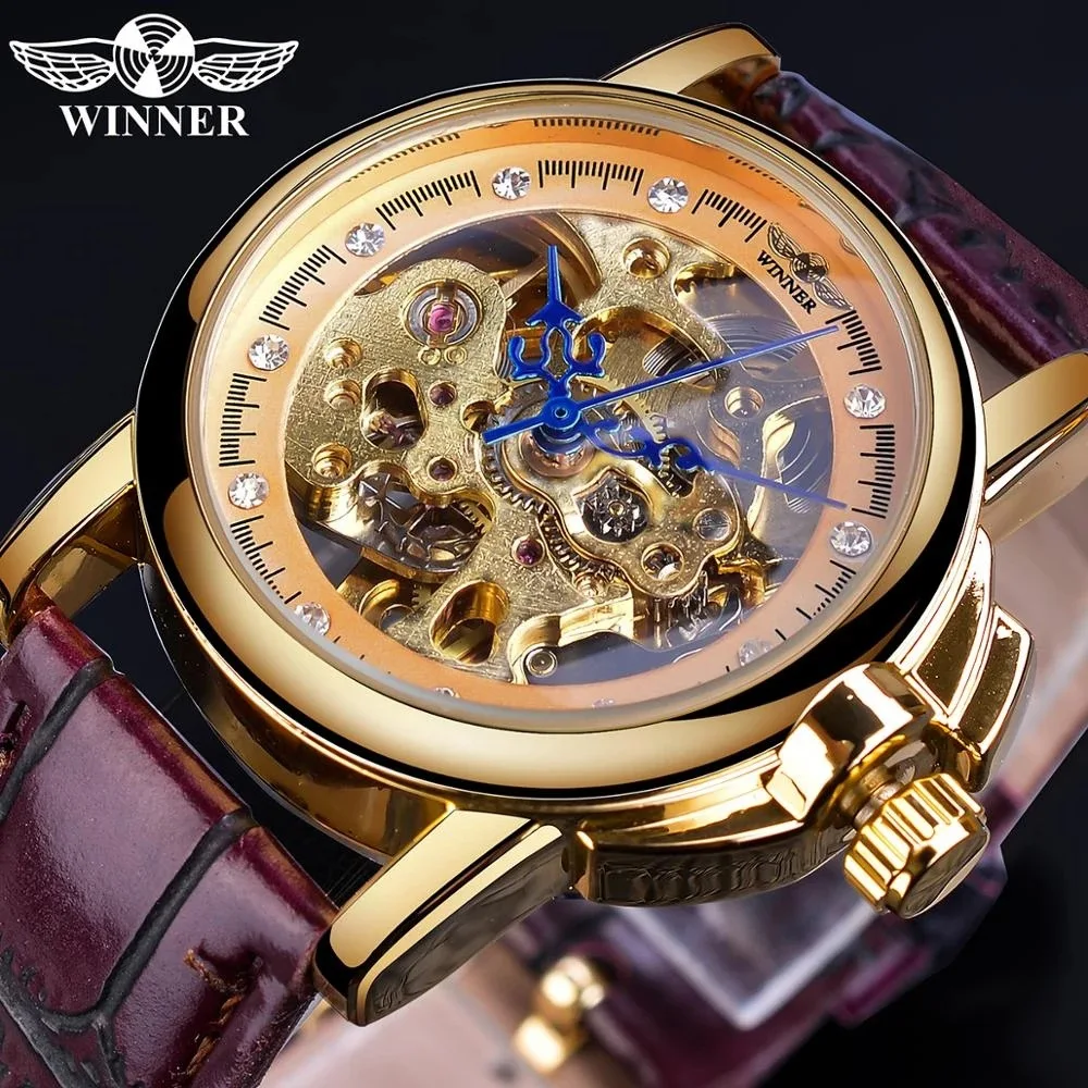 Fashion Winner Top Brand Retro Women's Diamond Inlaid Hollow Automatic Mechanical Leather With Exquisite Rhinestone Wrist Watch