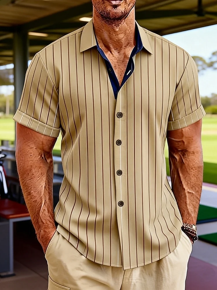

Plus Size Men's Short Sleeve Lapel Shirt, Comfort Khaki Vertical Striped Casual Top