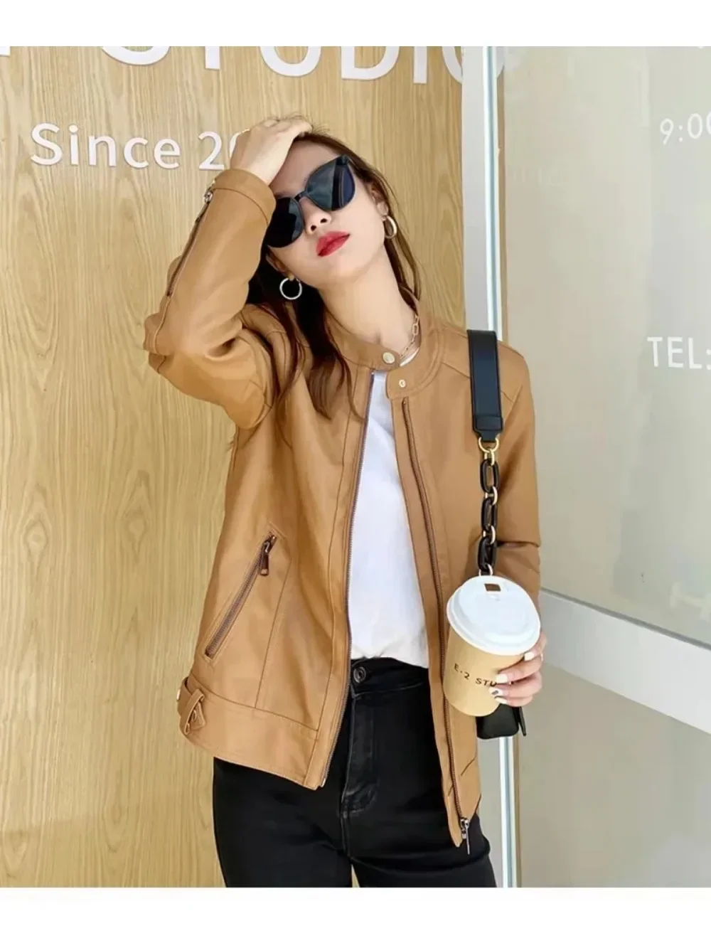 2024 Spring Autumn Style Round Neck Casual Fashion Slim Fit Versatile PU Leather Jacket Trendy Motorcycle Leather Jacket Women