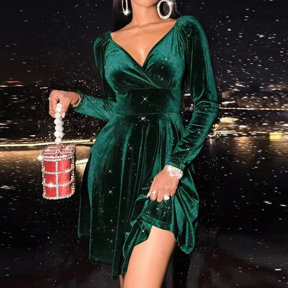 Women Velvet Dress Velvet Women's Christmas Party Dress Collection V-neck Long Sleeve Gown A-line High Waist Mini for Autumn