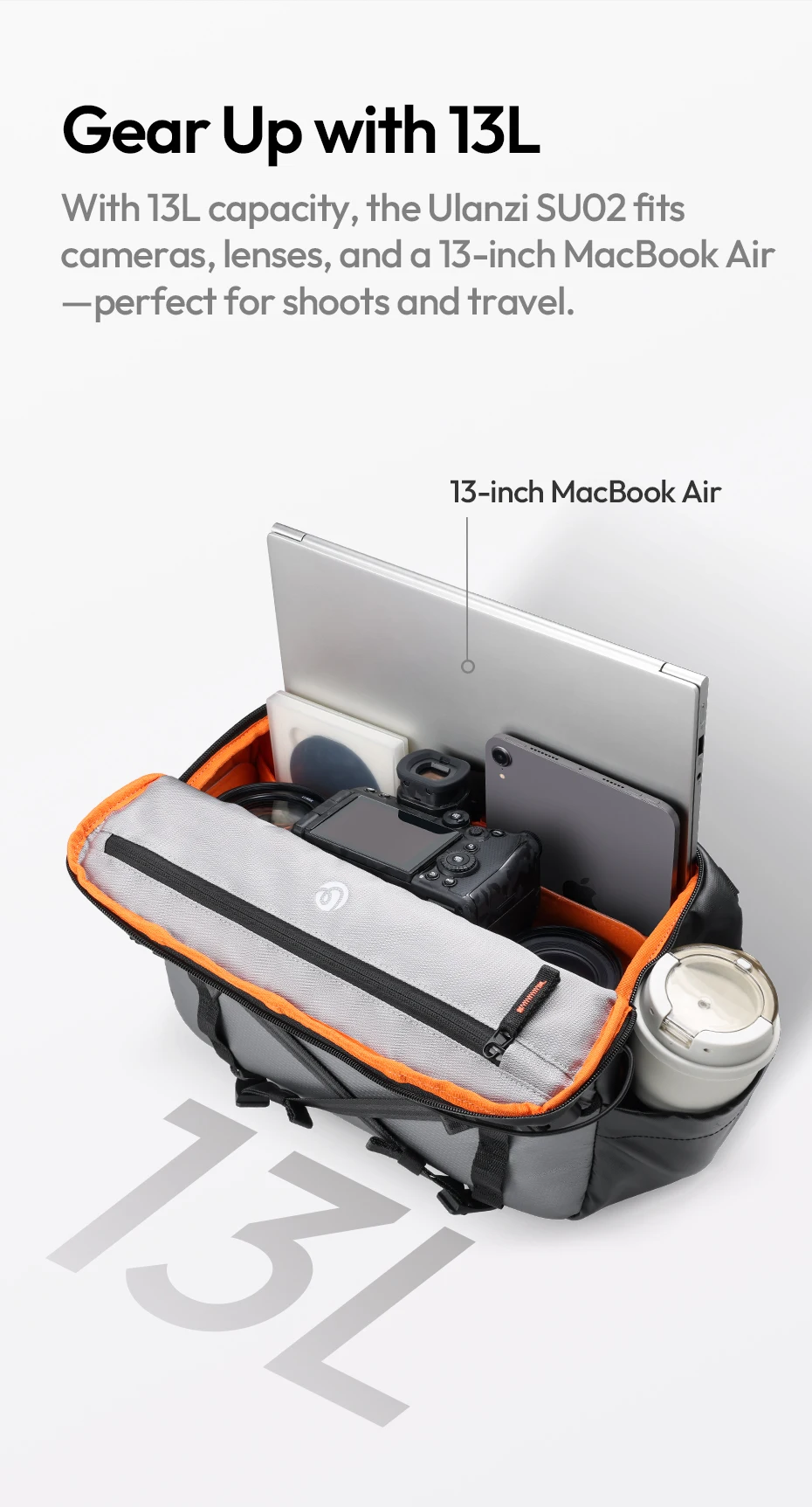 Ulanzi SU02 13L Umhängetasche für Kameras, Objektive, Laptops, Reisen, Schultertasche, Handgepäckhülle mit abnehmbarem Trennwand – Detail 3