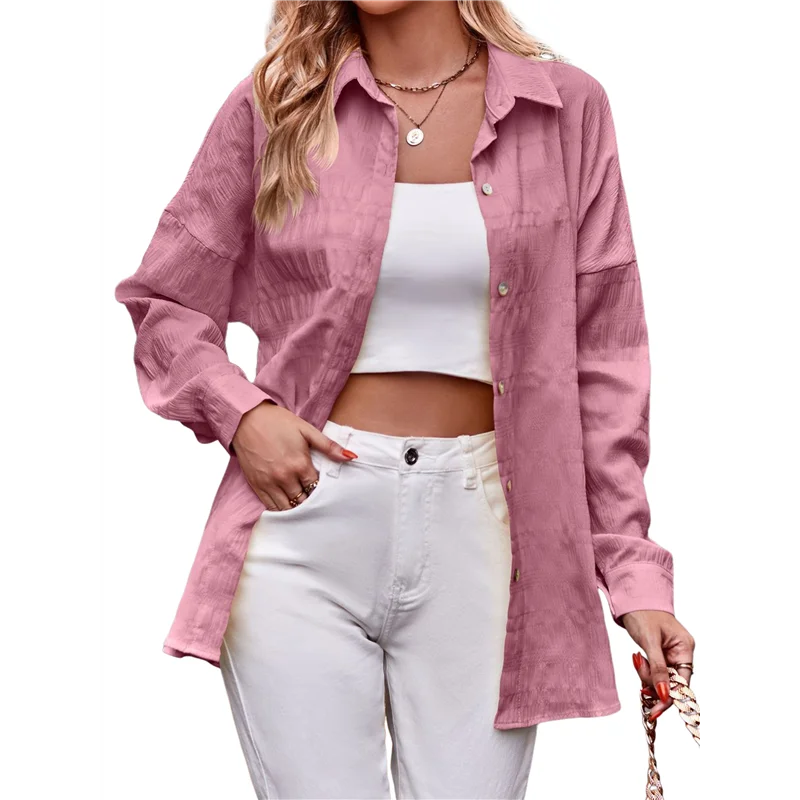

ABRT-Womens Casual Collared Blouse Loose Fit Long Sleeve Button Down Seersucker Shirt Tops