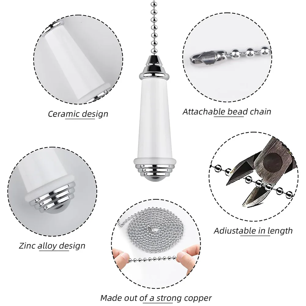 Porcelain And Zinc Alloy Pull Cord Handle For Bathroom Light Switch Ceiling Fan Lamp Chain Extension White 100cm