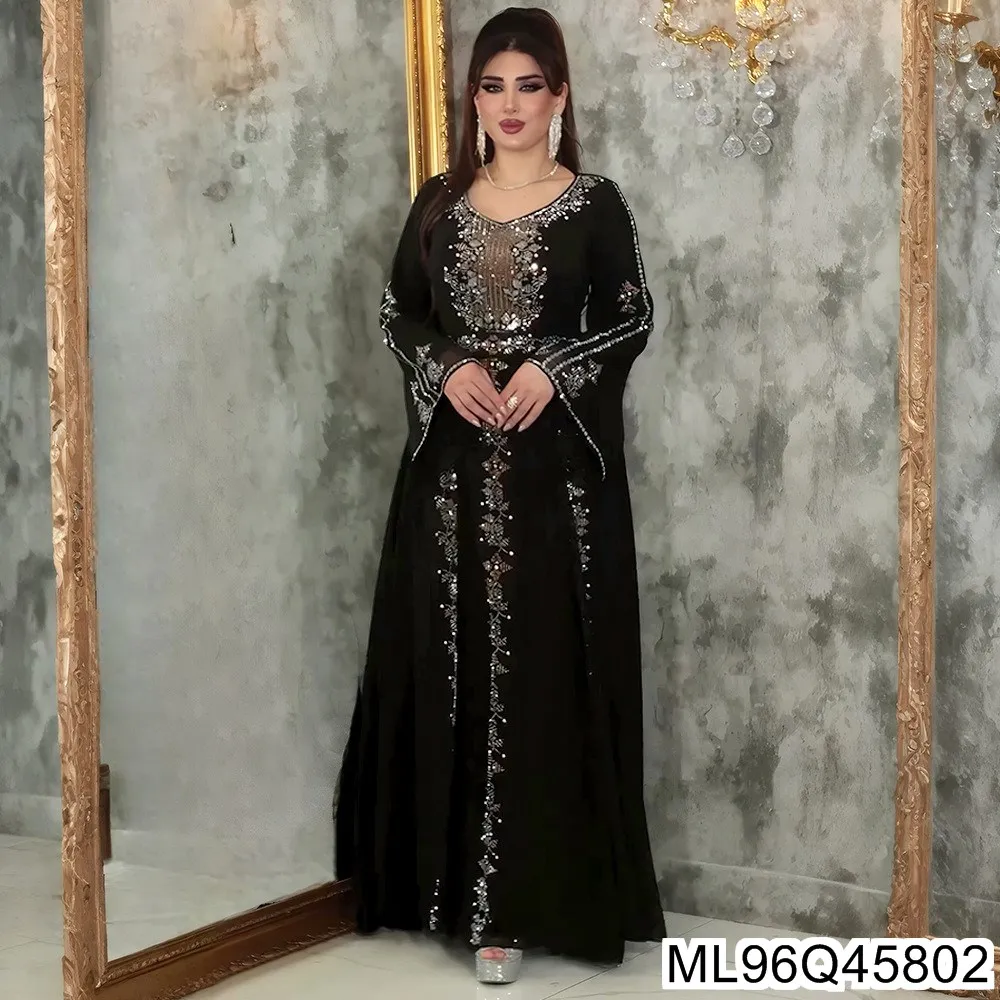 

2025 New European and American Elegant Long Dress Evening Gown, Heavy Diamond Embossed Muslim Clothing, Plus-size Dress ML96Q458