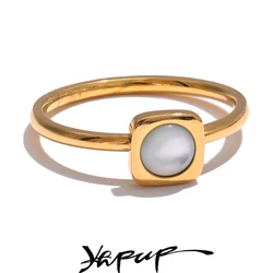 Yhpup Natural Shell Square Thin Fashion Ring 316L Stainless Steel Gold Color Charm Chic Jewelry 18K PVD Plated Waterproof