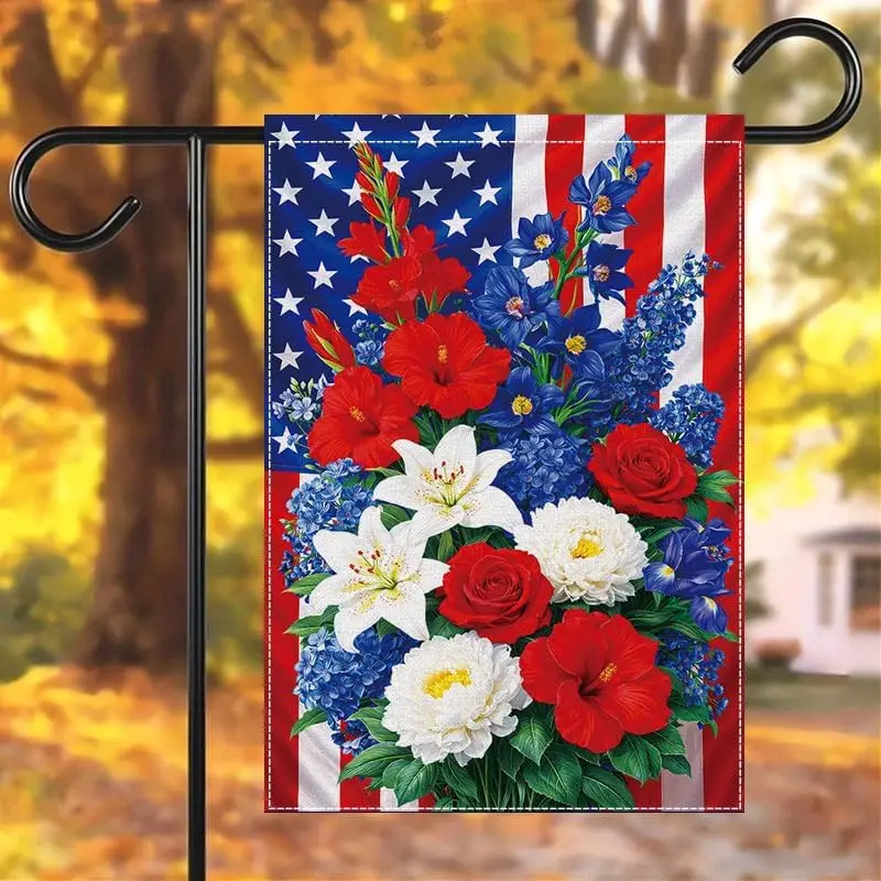 Red White Blue Flower American Flag Garden Flag, 12x18 Inch Patriotic Outdoor Decor with Rose Lily Hydrangea, Front Yard Por llp
