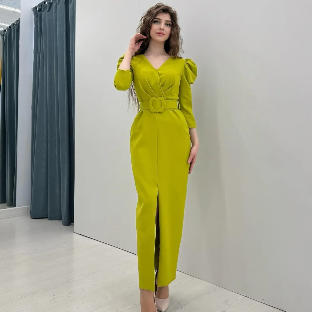 

Customized Sizes Available Simple Jersey Sash Pleat Straight V-neck Midi Dresses Bespoke Occasion Dresses Exquisite Elegant