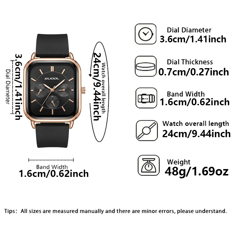 GUOOL Women Square Quartz Watch Rose Gold Case Multi Eyes Decor Dial Soft Silicone Strap 4 Colors Available Elegant Ladies Wrist