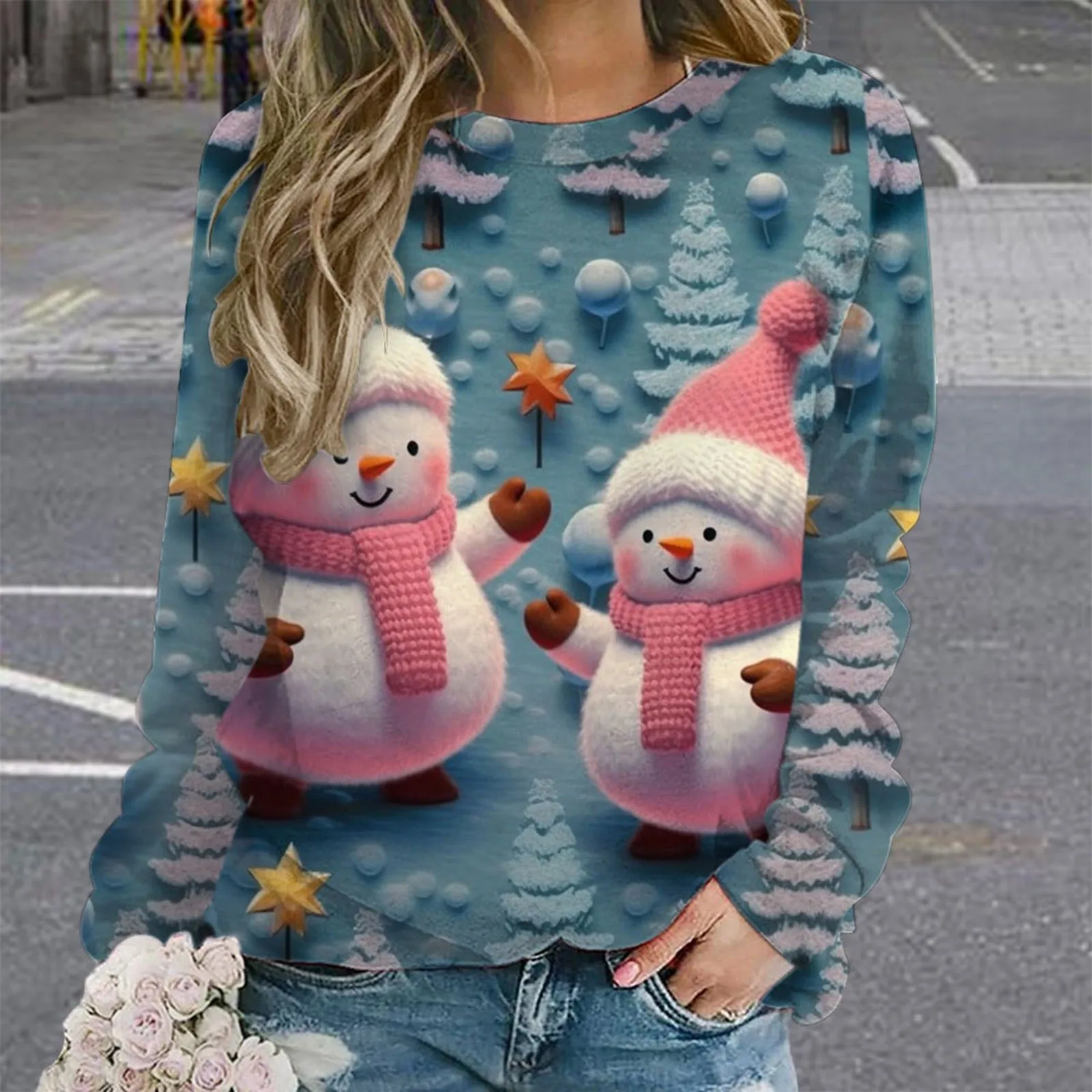 Christmas Full Print Sweatshirt Women Funny Cute Cartoon Santa Claus Graphic Long Sleeve Crewneck Pullvoer Top Xmas Ugly Clothes