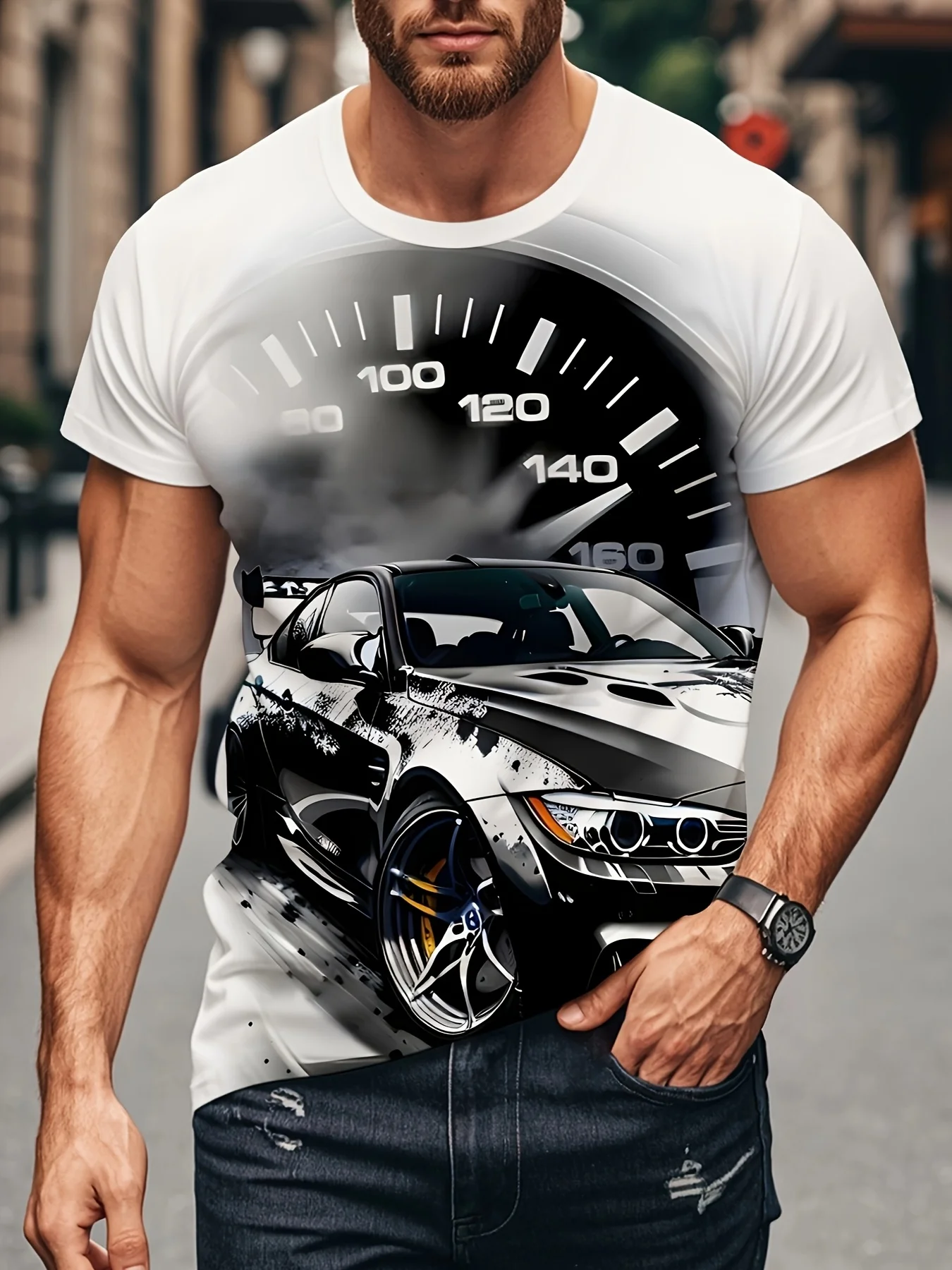 Men's Sports Car Speedometer Print T-Shirt Racing Drift Automotive Street Graphic Crew Neck Top