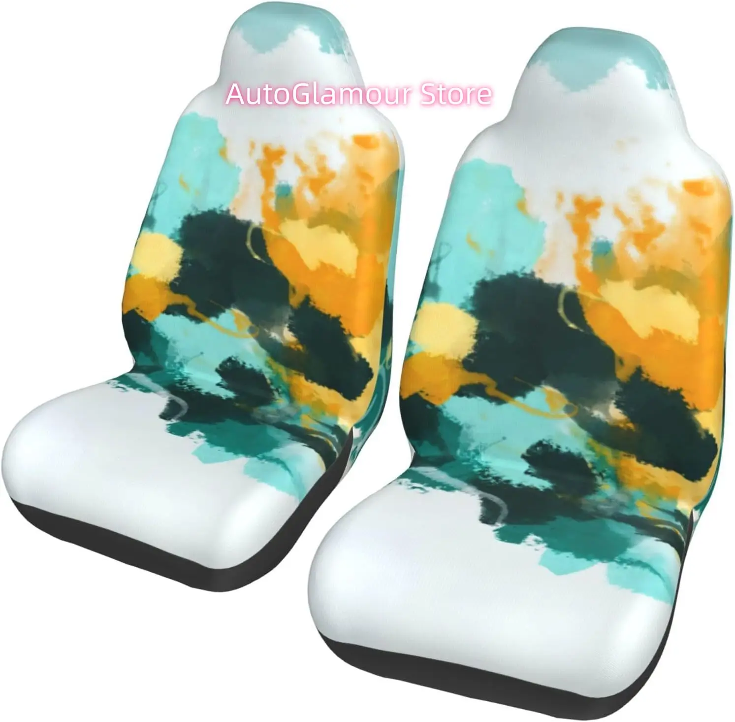 Modern Abstract Teal and Yellow Painted Design 2-Piece   Seat Cover Complete Set - Elastic Seat Protection Cover fo