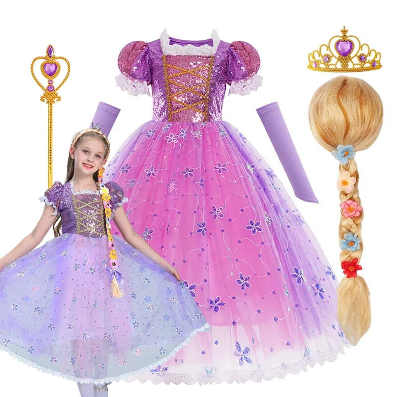 Kids Girls Rapunzel Dress Children Tangled Disguise Carnival Girl Princess Costume Birthday Party Gown Outfit Clothes 2-12 Yrs