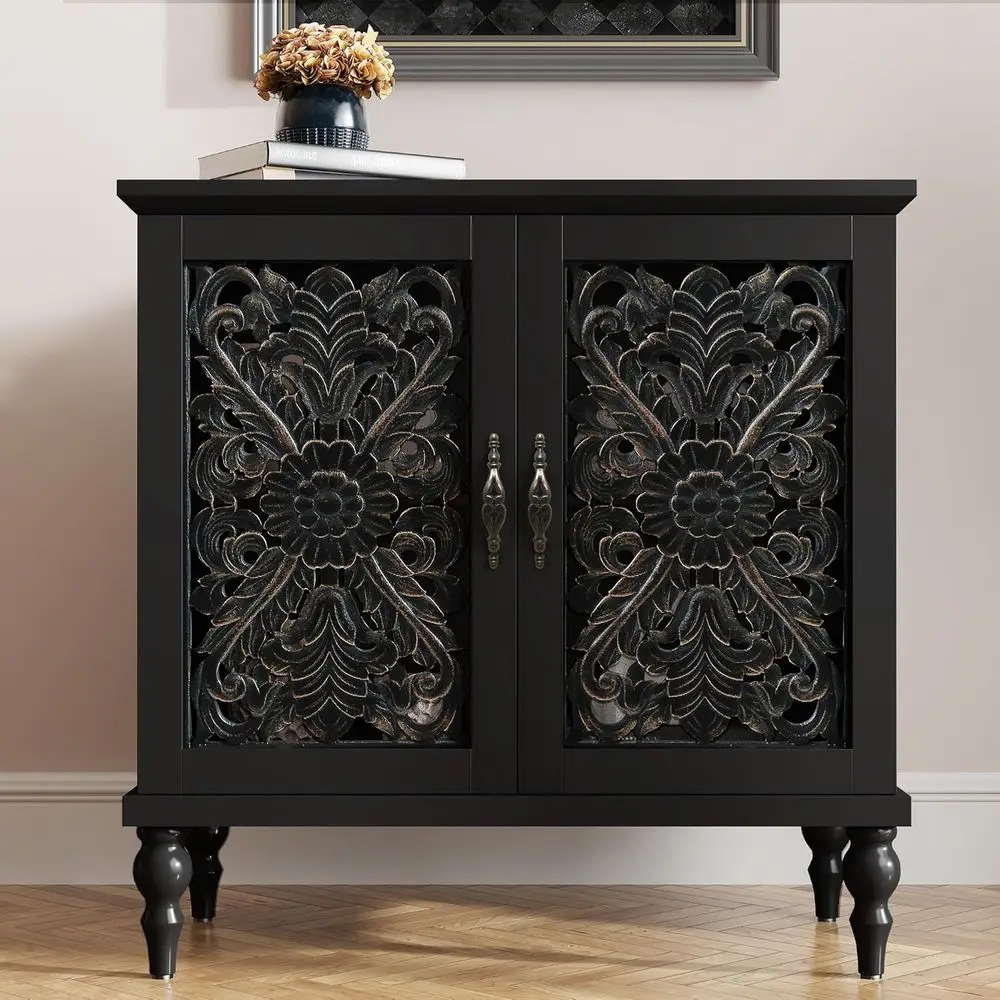 Vintage Carved Wood Accent Cabinet, Storage Sideboard for Living Room, Kitchen, Dining Room, Entryway, Hallway in Black