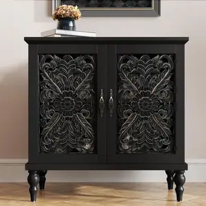 Vintage Carved Wood Accent Cabinet, Storage Sideboard for Living Room, Kitchen, Dining Room, Entryway, Hallway in Black