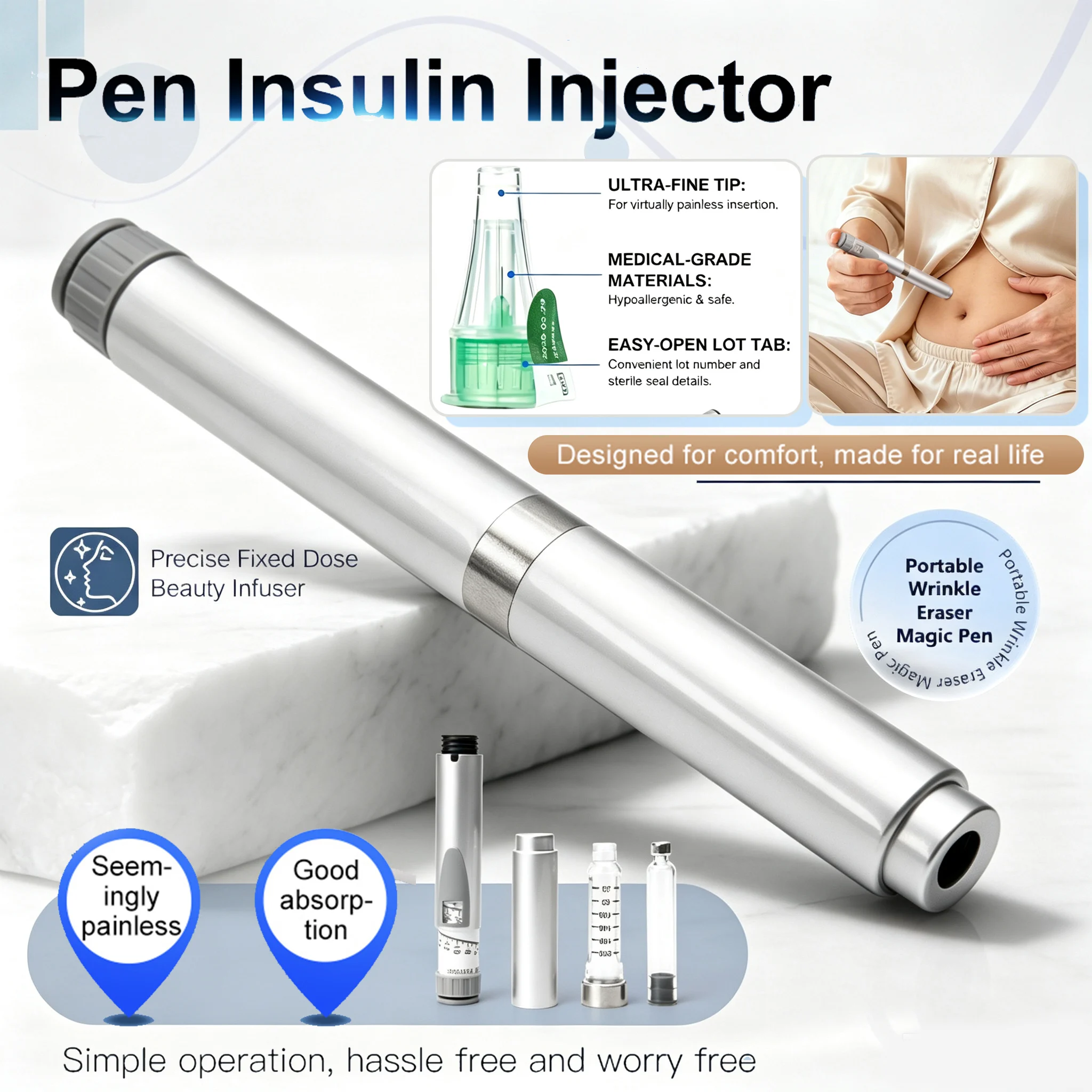 Metal Reusable Injection Pen Adjustable 3ml Cartridge Injector Portable Insulin Injection Pens Compatible with 3ml Cartridges
