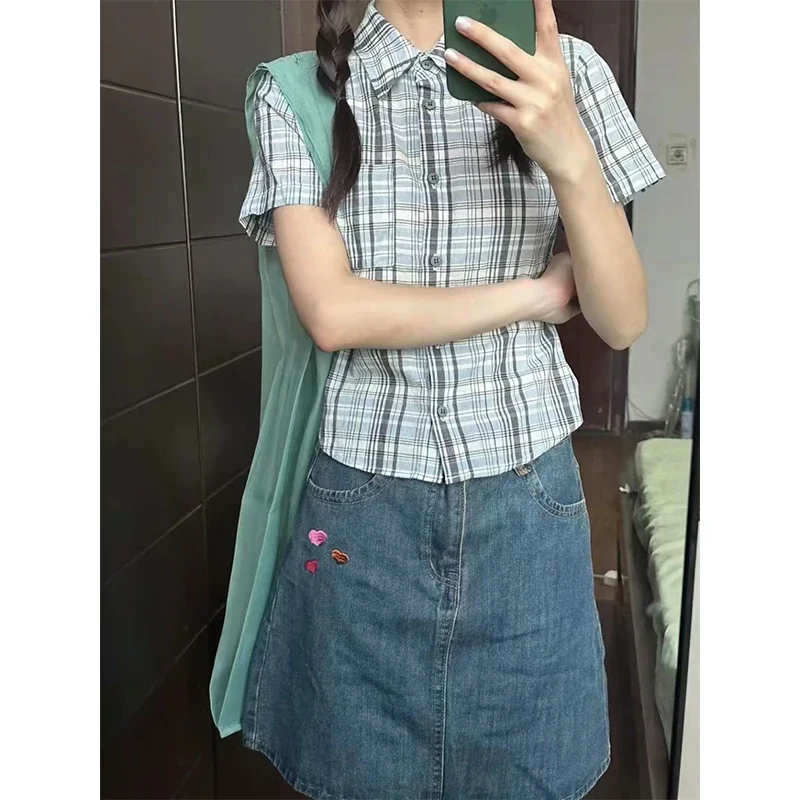 Vintage Cropped Plaid Shirts Women Y2K Japanese Pocket Short Sleeve Blouses Summer Harajuku Korean Slim All Match Chic Tops New