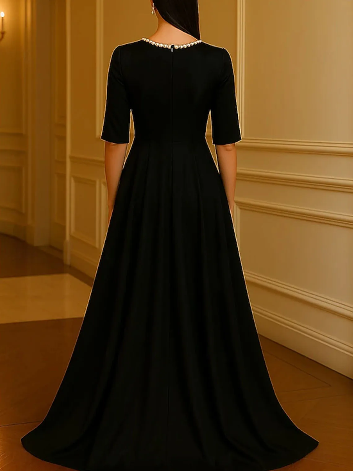 فستان سهرة أنيق على شكل حرف a من الساتان طول الأرض رقبة دائرية نصف كم فيونكة فتحة عالية فستان زفاف الضيوف 2025 مخصص مجاني #3